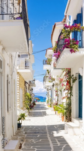 Picturesque Street in a Charming Greek Island Village with White Buildings and Vibrant Flowers on a Sunny Day