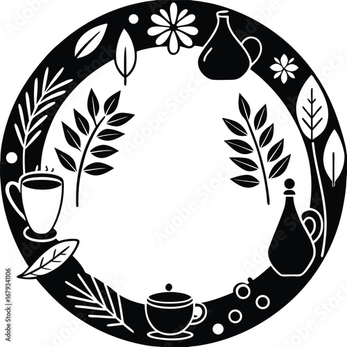 Circular decorative border design featuring tea cups leaves and brewing pots for elegant food and beverage branding