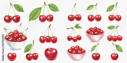 A set of hand-drawn watercolor illustrations of ripe red cherries, isolated on a transparent background.