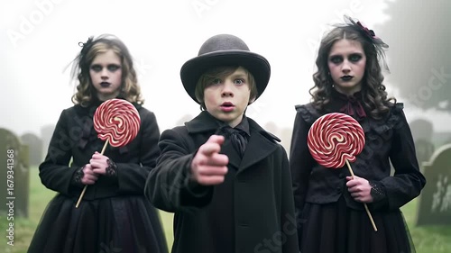 Gothic Children with Lollipops in Cemetery Wearing Black Attire With Gloomy Makeup and Pale Faces in Foggy and Spooky