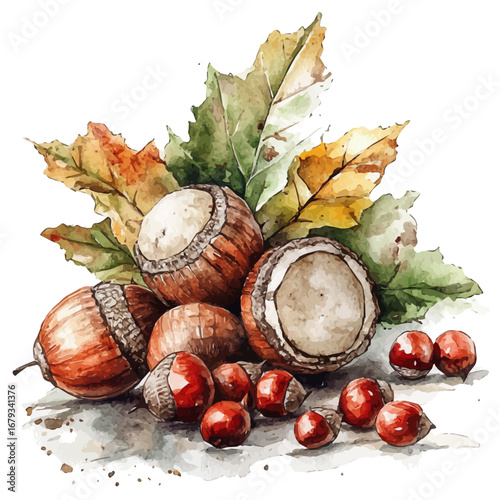 Chestnuts And Acorns Closeup, watercolor vector, isolated on a white background.