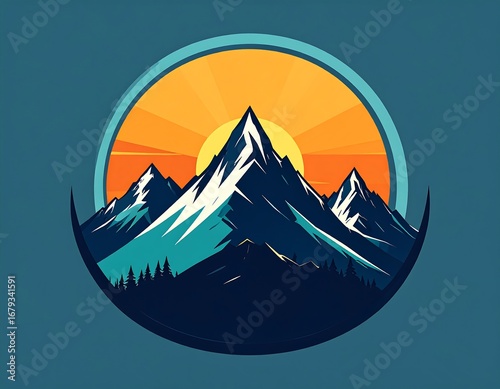 A vibrant illustration of majestic mountains at sunset, encircled by a circle of warm colors, creating a peaceful and inspiring scene.