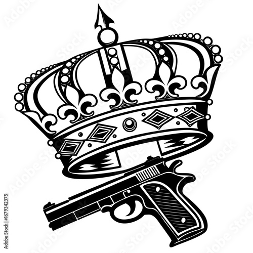 Illustration of a crown and a gun