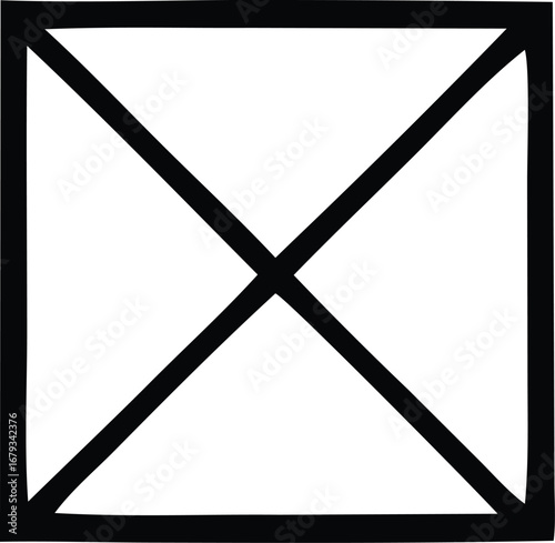 Simple black square with bold diagonal cross symbol hand drawn style abstract geometric shape graphic design element