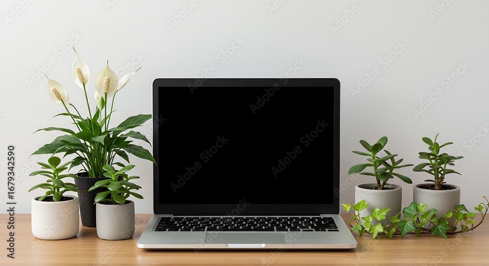 Fototapeta premium Modern workspace with laptop and lush green plants creates calm focus