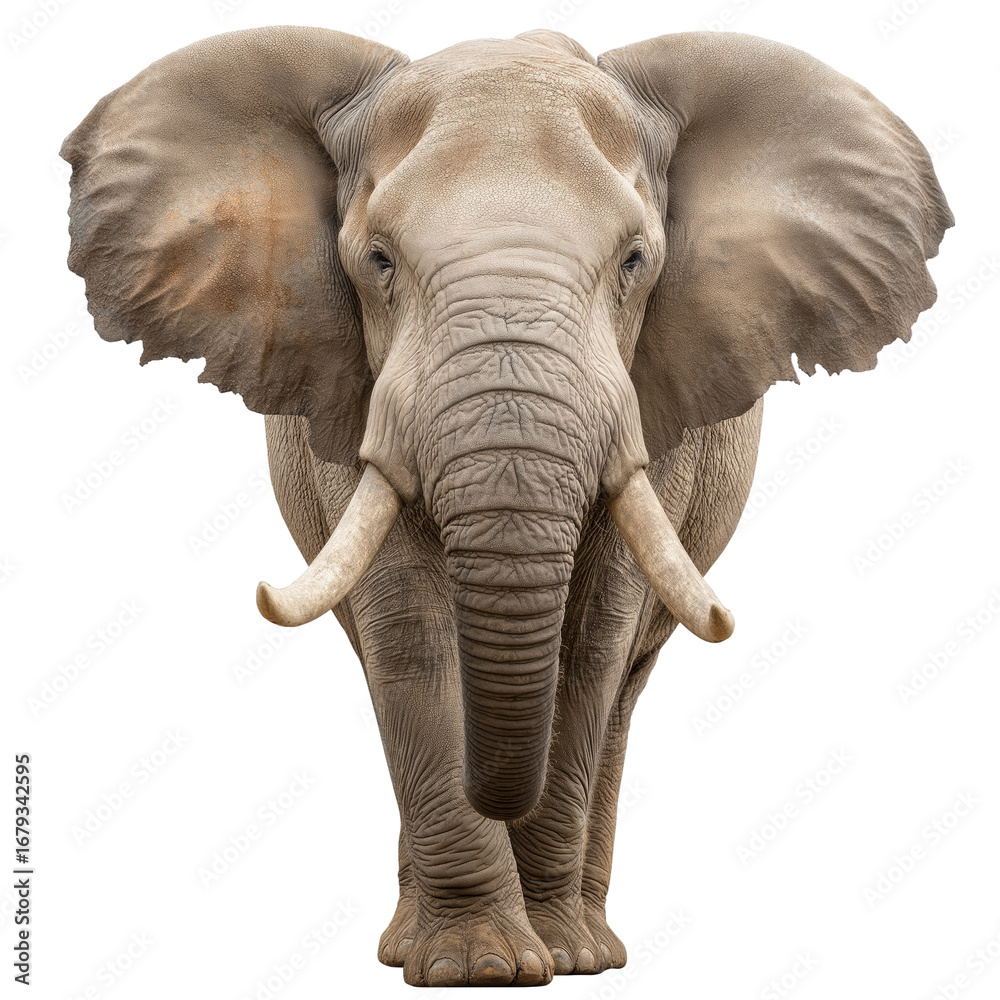 Obraz premium African elephant frontal view with extended tusks and large ears, showing detailed skin texture and majestic presence in natural light
