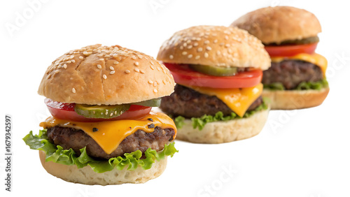Mini slider burger trio with three small colorful burgers, beef patties, cheddar cheese, lettuce, sesame buns, white background