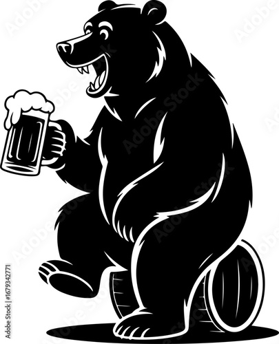 Black silhouette t-shirt design of an owl perched on a beer barrel with a frothy glass