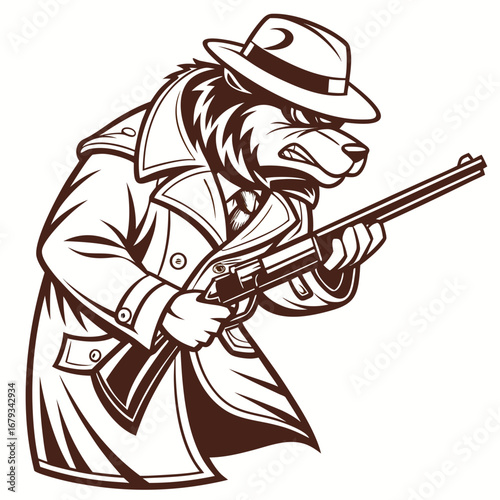 Vector art of cartoon bear gangster in hat and coat with gun