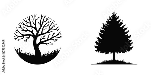 Pair of stylized black tree silhouettes: deciduous and coniferous, isolated on white background; minimalist nature graphic design elements.