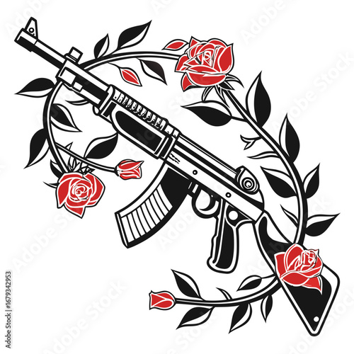 Vector art of assault rifle with roses illustration, vector art