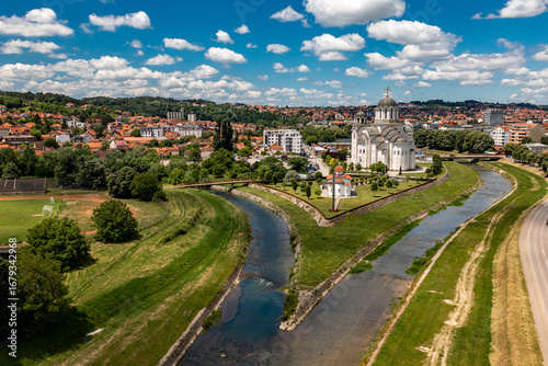 Valjevo, panorama aerial drone view of City in Serbia