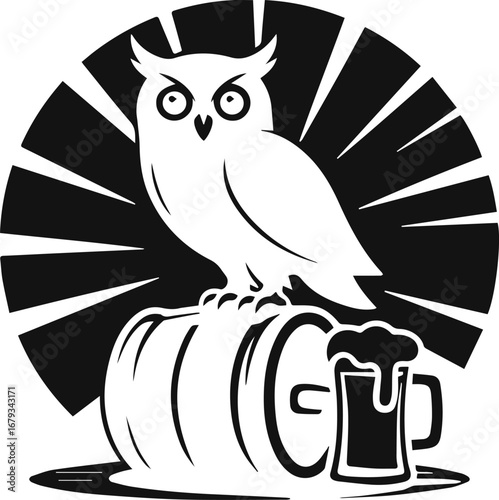Black silhouette t-shirt design of an owl perched on a beer barrel with a frothy glass