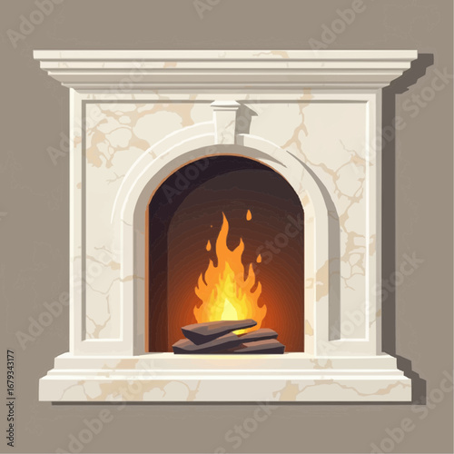 Flat vector marble fireplace with flames and veined stone texture  