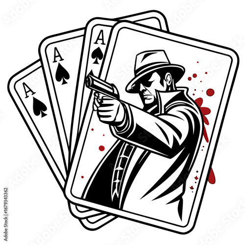 Vector art of gangster with gun on ace cards