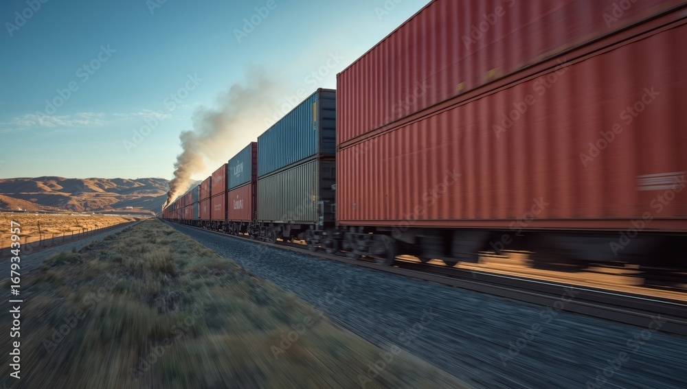 Obraz premium Freight train carrying colorful containers across sunny border landscape in motion