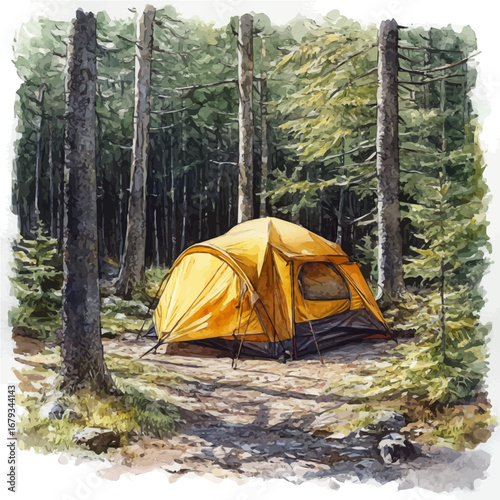 watercolor vector of Camping Tent Summer Forest, isolated on a white background.