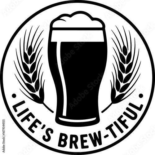 Black silhouette t-shirt design of an owl perched on a beer barrel with a frothy glass