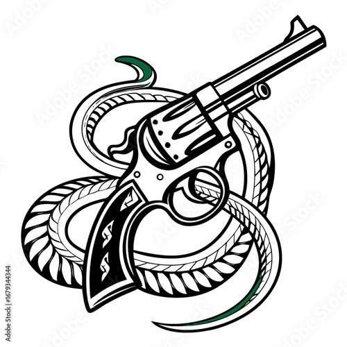 Vector art of revolver with snake wrapped around it