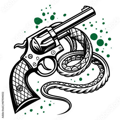 Vector art of revolver with snake and green splatter