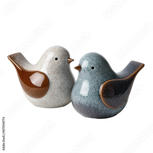 Ceramic bird shaped salt and pepper shakers with speckled brown and blue glaze, designed as charming kitchen accessory for seasoning food with playful touch