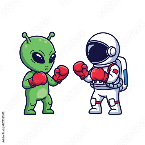 Alien and astronaut face off in a playful boxing match, ready for adventure and competition