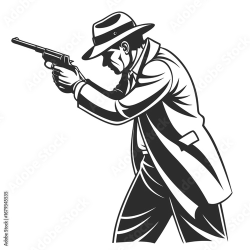 Vector art of vintage gangster in a hat aiming a gun