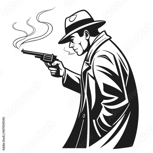 Vector art of vintage gangster in a hat smoking a gun