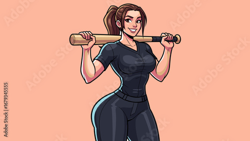 Female Baseball Player with Bat - High detailed vector art