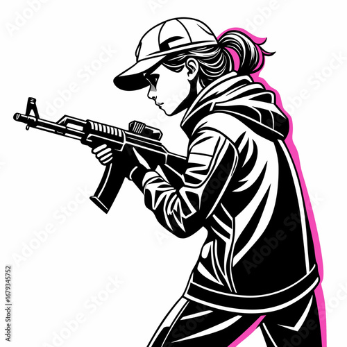 Vector art of woman with assault rifle in hoodie and cap vector illustration