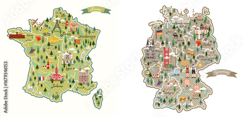 Stylized map of France and Germany. French symbols, cheese, croissant, wine, bicycle, harmonic, mountains and other landmarks. Travel to France and Germany.