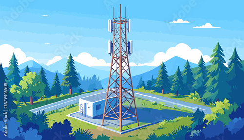 Cell tower in a mountainous landscape.