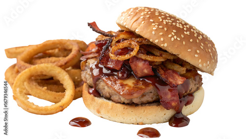 Smoked bacon BBQ burger with barbecue sauce, crispy bacon, onion rings, sesame seed bun, white background, no text