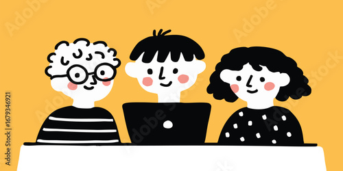 Three young individuals, captivated by the digital realm, collaborate intently on a laptop, creating the impression of focused teamwork.