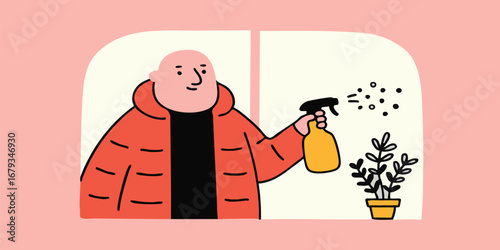 A cheerful figure is seen meticulously tending to a houseplant, meticulously spraying it with water from a yellow bottle in an inviting window. A testament to nurturing life.