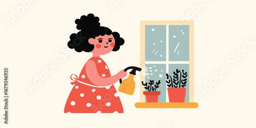 An illustration captures a woman diligently watering potted plants on a windowsill. The scene conveys a sense of domestic tranquility and the nurturing aspect of gardening, set in a simple.