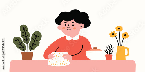 Person knitting calmly at home table with plants and flowers.