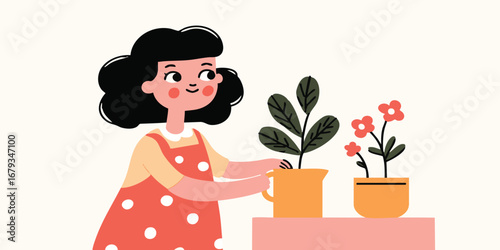 A young person tends to flourishing plants in an illustrated scene. This charming illustration depicts a nurturing moment with nature, capturing the essence of growth and care.
