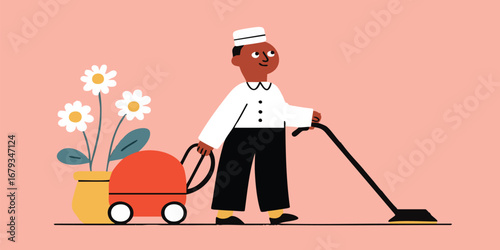 A cartoon illustration of a smiling cleaning worker who happily working on the cleaning the ground near with flower pot with the softest background.