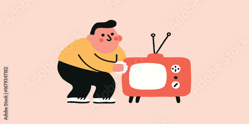 A Man's Leisure Time: TV and Relaxation. A relaxed man, engrossed in leisure, leans against a vintage television. A heartwarming illustration of a casual, modern lifestyle.