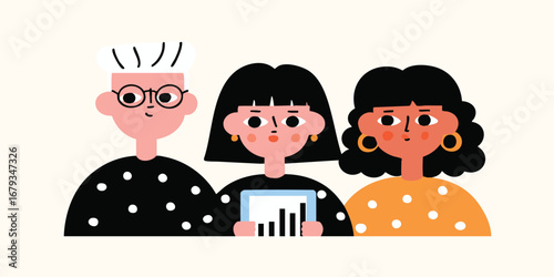 A collaborative illustration depicts a trio of female professionals, highlighting teamwork and synergy in a minimalist, colorful style, showcasing creative synergy and innovative design. 
