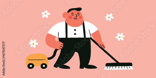 An illustration of a person cleaning with a vacuum cleaner with flowers background, symbolizing a commitment to cleanliness, depicted in a friendly cartoon style.