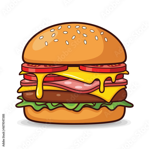 Juicy, delicious hamburger with cheese, lettuce, tomato, and ham, perfect for menus.