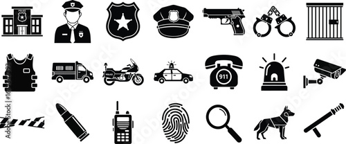 Collection of law enforcement icons, including a police station, officer, vehicles, weapons, and investigation tools.
