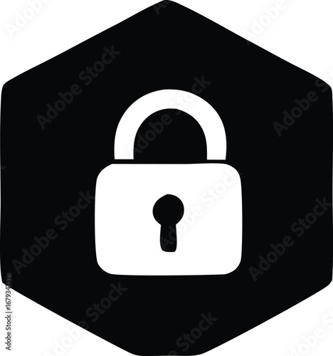 Digital security icon a white padlock symbol inside a black hexagon shape representing safety and protection for data