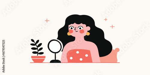 A cheerful person gazes intently at their reflection in a mirror, a symbol of self-care and beauty, with a potted plant. The illustration style is minimalist and vibrant.
