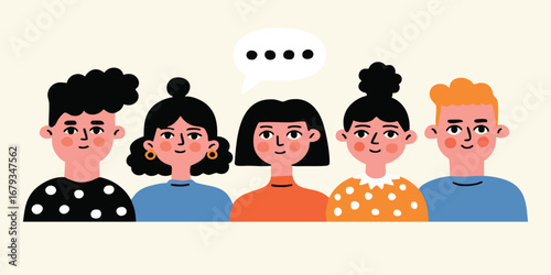A diverse group of people come together in animated discussion, their speech bubbles signifying open communication. Depicting unity, collaboration, and the exchange of thoughts.