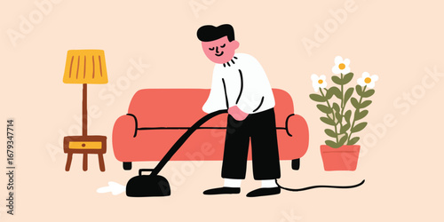 A cheerful individual, absorbed in the act of vacuuming, diligently maintains the domestic haven. The image captures the essence of home cleanliness. 