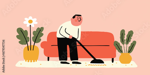 An illustrated man meticulously vacuums the floor. Surrounded by potted plants and a couch.