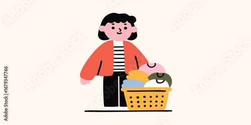 A person cheerfully holds a laundry basket filled with folded clothes, a warm and inviting scene that depicts the essence of household chores, and day-to-day life.